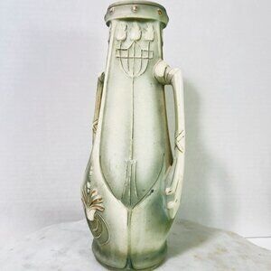 Art Nouveau Ceramic Bud Vase Green Gray 1900 Twin Handles 10" X 5"